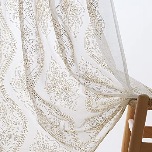 Jinchan Sheer Curtains For Living Room Embroidered Grommet Top Voile Curtain Medallion Damask Pattern Leafy Drapery Light Filtering Bedroom Farmhouse Country 2 Panels 84 Inch Length Gold On Ivory #TOP4