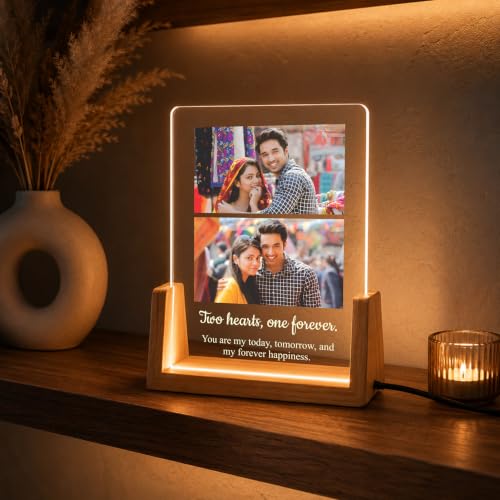 Image of Giftplease Personalized LED Acrylic Photo Frame with Custom Photos & Text | Engraved Acrylic Picture Lamp | Wooden LED Base | USB Night Light | Anniversary Wedding Birthday Couple Family Home Decor