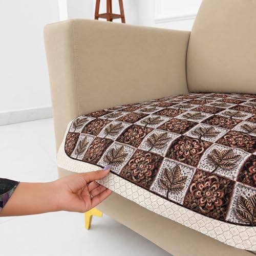 Image of Homerz Premium 'Maharaja Paradise Series' Sofa Cover | Net Fabric Sofa Cover | Washable, Anti-Dust Backed & Wrinkle Resistant Cover (Leafy Checks, 1 Seater, Only Seat Cover)