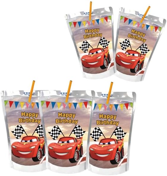 Suministros de fiesta de cumpleaños con temática de autos de carreras de dibujos animados, 24 etiquetas de bolsa de jugo para decoraciones de fiesta