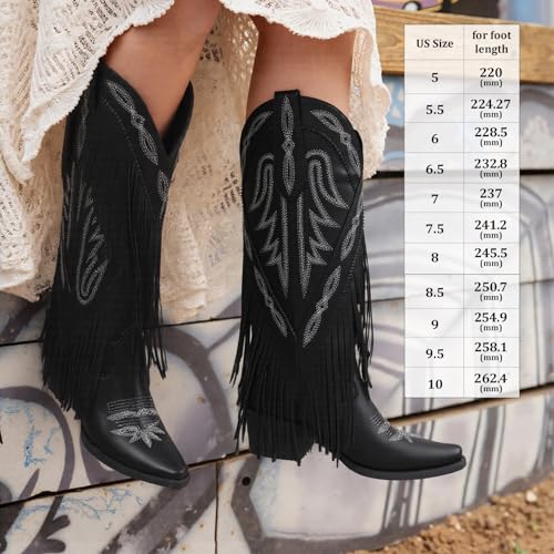 Image of Cowgirl Boots for Women Retro Pointed Toe Pull On Block Chunky Heel Embroide Tassel Country Concert Outfits Mid Calf Western Fringe Cowboy Boots