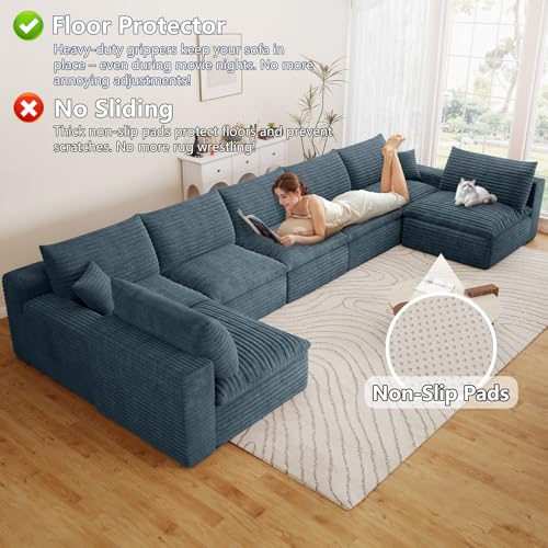 Image of 165 inch Cloud Couch Modular Sectional Sofa for Living Room, U-Shape Boneless Couch with Deep Seat, Modern Corduroy 7-Seater, No Assembly Required,Blue