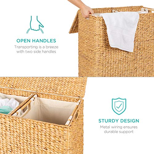 Best Choice Products Rustic Extra Large Natural Woven Water Hyacinth Double Laundry Hamper Storage Basket W/ 2 Removable Machine Washable Cotton Liner Bags, Divided Interior, Lid, Handles- Natural #TOP3