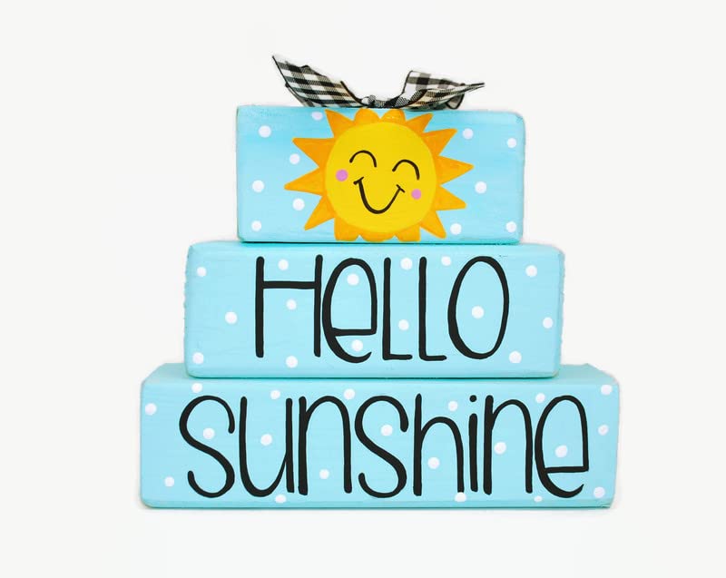 Celebrate Summer with 'Hello Sunshine' WoodenBlock Shelf Sitter Stack Signs for Home Decor.