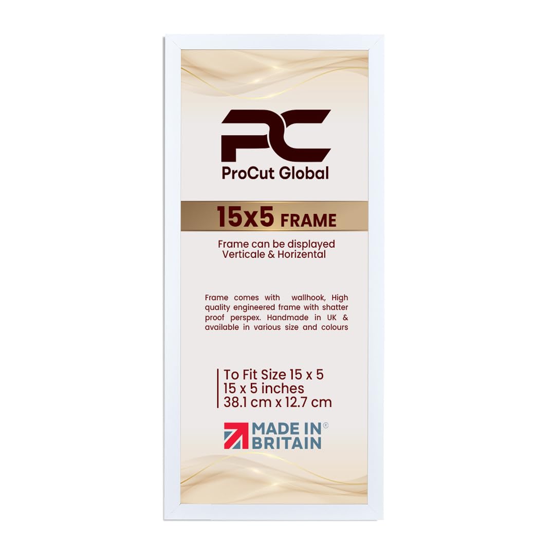 Procut Global 15X5 White Picture Frames – Sleek Wooden Photo Frame with Shatterproof Perspex for Wall or Tabletop – Perfect for Posters, Certificates, Prints–Multiple Sizes & Colors Available