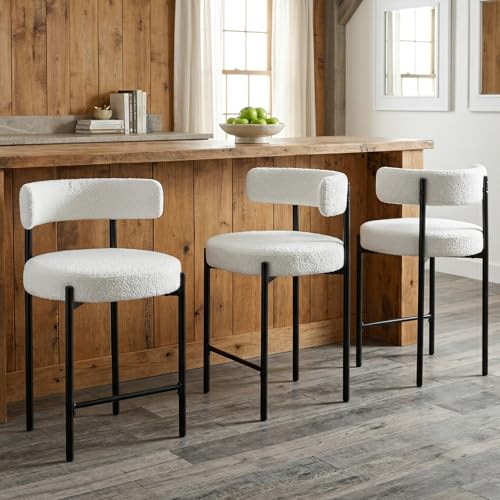 Forsalund 24" Counter Height Bar Stools Set of 3, Boucle, Cream White