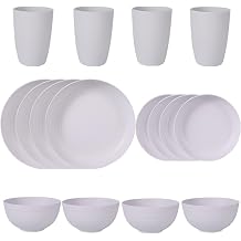 16 Piece Unbreakable Dinner Plates Straw Dinnerware Set Microwave Dishwasher Safe Heat Resistant Shockproof Reusable Cutlery Lightweight Living 8 People White Parallel Import
