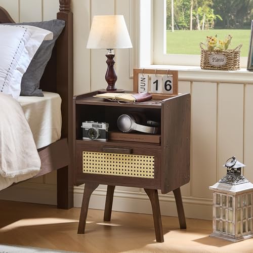 Image of Lerliuo Rattan Nightstands Set of 2, Bedside Table with Drawer Open Shelf | Cane Accent Side End Table with Solid Wood Legs, Walnut Vintage Night Stand for Bedroom, Dorm and Small Spaces
