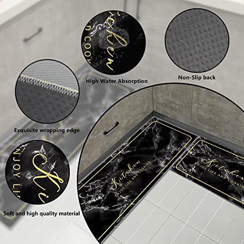 Black Kitchen Rugs and Mats Sets of 2 Pieces Funny Kitchen Decoration Non Slip Super Absorbent Kitchen Mat Runner Rug for Sink,Hallway,Laundry Room (Black Marble - Image 4