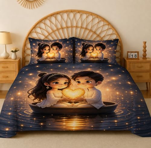 Image of Premium 7D Printed King Size Bedsheet Set with Pillow Covers Soft Cotton Blend Double Bedsheet for Home (Pillow Covers :18x28 inches Bedsheet :90x100 Yellow Couple)
