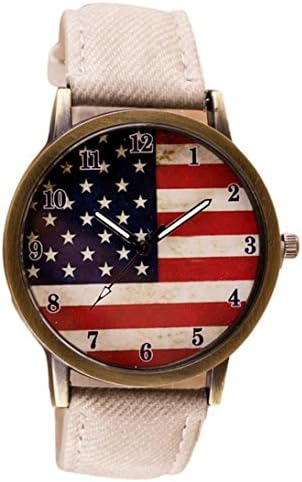 Vintage Vogue American Flag pattern Ninasill Leather Quartz Analog Canvas Strap Watch(White)