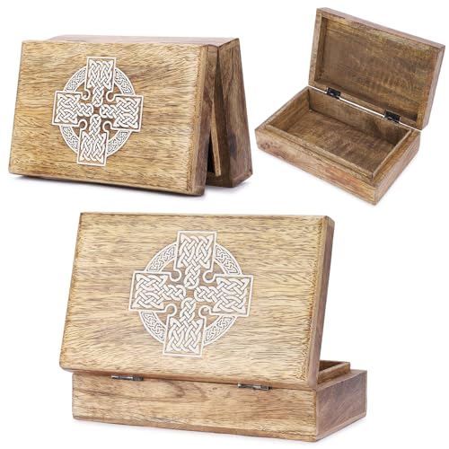 Ajuny Schmuckkästchen aus Holz – Handgefertigte Schmuckschatulle mit Keltischem Kreuz, Vintage Design, Schmuckaufbewahrung für Damen, Geschenkbox Deko Truhe – 8x5 Zoll