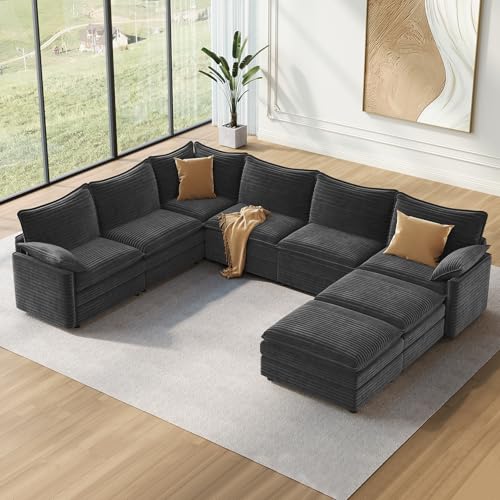 Image of Vesgantti Large Modular Sectional Sofa, Big Comfy Cloud Couch with Ottoman Deep Seat Corduroy Cloud Sofa, 8 Seater Large Sectional Couches for Living Room, Bedroom and Apartment, Gray