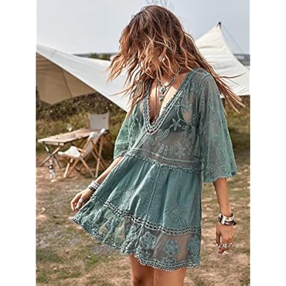 Floerns Women's Contrast Lace Plunging V Neck Bikini Cover Up Beach Dress Bathing Suit - Image 5