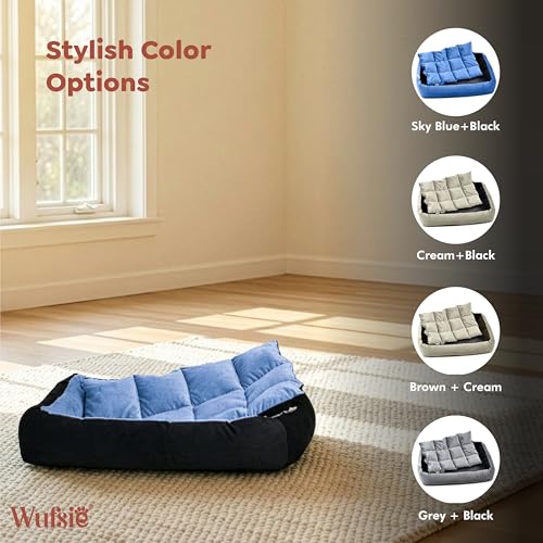 Image of Reversible Rectangle Dog Bed | Small 50 X 65 Cm Pet Bed for Puppies and Cats | Premium Velvet, Washable Fabric | Soft Sofa-Style Bed for Dog with Thick 15 Cm Insert | Black & Sky Blue