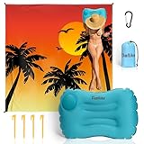Beach Blanket, Waterproof Sandproof Beach Mat with Stakes and Inflatable Camping Pillow, 79' X 83' Quick Drying Lightweight & Durable Outdoor Picnic Mat with 4 Corner Pockets for Beach Camping