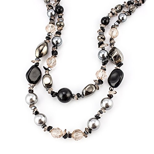 Looklove Women's Jewelry Necklace Double Strands Of Onyx, Quartz, And Hematite Chips 18" Long #TOP2