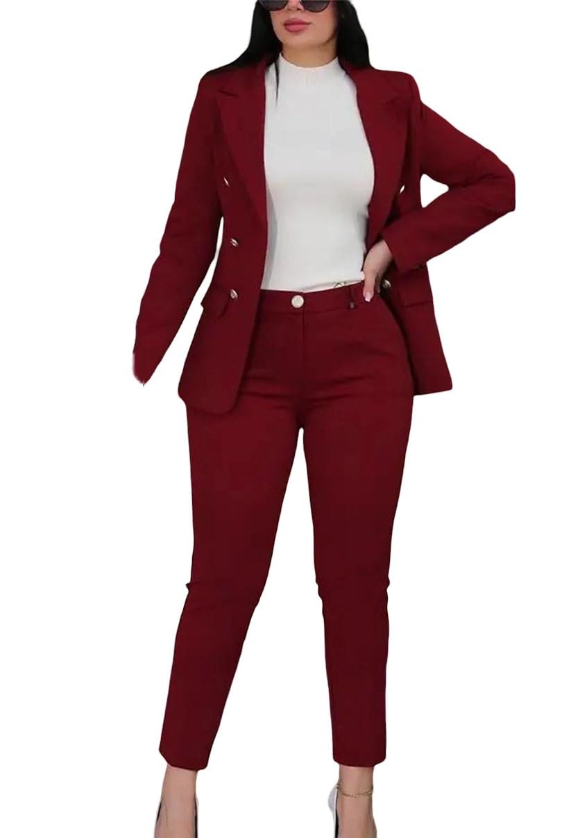 Womens Elegant Blazer and Pants Set Two Piece Outfit Notched Neck Business Suit for Office Work and Daily