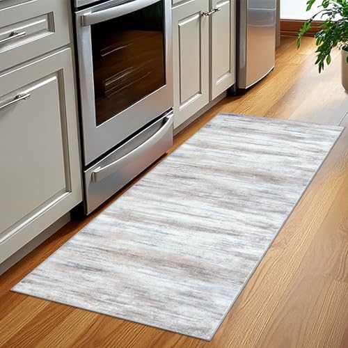 KOZYFLY Modern Abstract Kitchen Runner Rug, 2x5 Washable Rug Runner Non-Slip Soft Striped Hallway Runner Rugs, Beige Print Distressed Carpet Runner for Entryway Bathroom Laundry Room Foyer