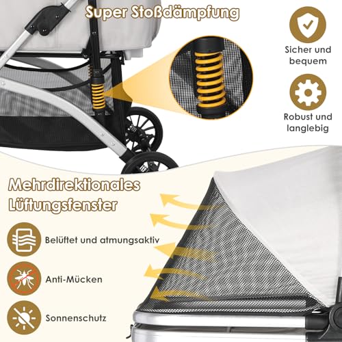 MAMIZO Hundebuggy 3 in1 Hundewagen Hundebox Transporttasche,Faltbar klappbar Katzenwagen,Bis 20kg,4 PCS 360° Verschleißfeste Gummiräder, Ablagekorb, Getränkehalter,für kleine Hunde Katz, Silber grau