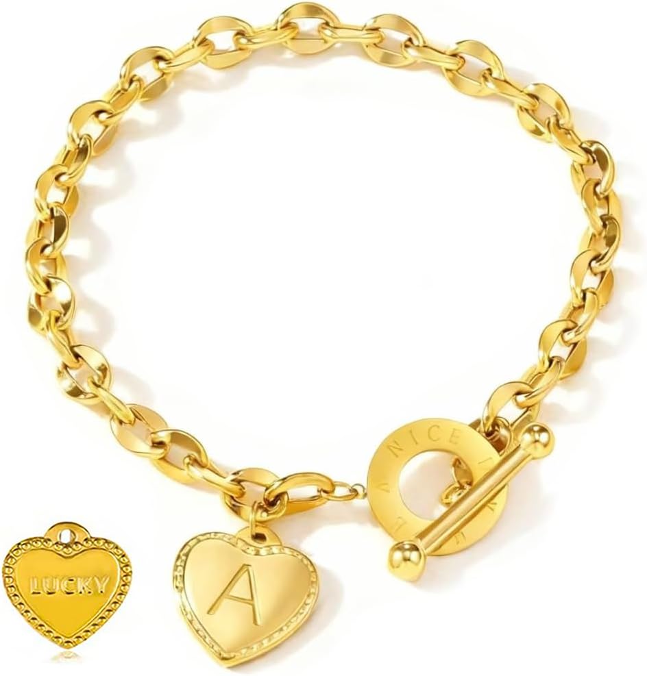 Women's Initial Heart Charm Bracelet 18k Gold Plated Letter Love Heart Pendant with Elegant OT Clasp Stainless Steel Jewelry Christmas Birthday Gift for Her Girlfriend Wife Valentines Day Present