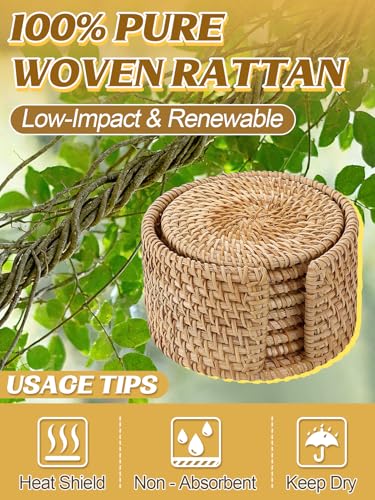 Image of 8Pcs Handmade Natural Rattan Coasters Set with Holder, Boho Coastal Decor | Farmhouse Aesthetic Drink Coasters, Home Kitchen Beach Decor, Housewarming Gifts
