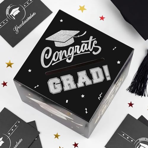 Graduation Decorations 2026 Card Box, Black Silver Congrats Grad Paper Gift Crad Boxes Holder for Class of 2026 Graduation Party Decoration Supplies Table Decor Favors Props Decor, 9 x 9 x 9 inches — view 2