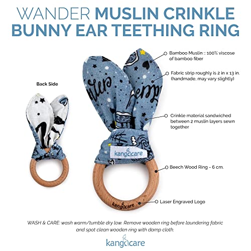 Image of Kanga Care Baby Soft Muslin Sensory Crinkle Bunny Ear Wood Teething Ring - Wander Camping