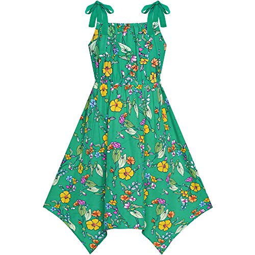 Sunny Fashion Girls Dress Green Flower Asymmetrical Hem Skirt Tank Dress4