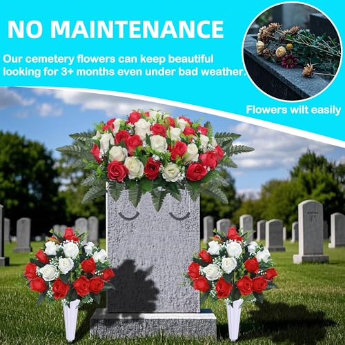 Artificial Cemetery Flower Saddles,Cemetery Memorial Flowers with Vase,Outdoor Grave Saddle Headstone Decorations, Artificial Rose Bouquet Grave Memorial Flowers 3Sets (Red) image 6