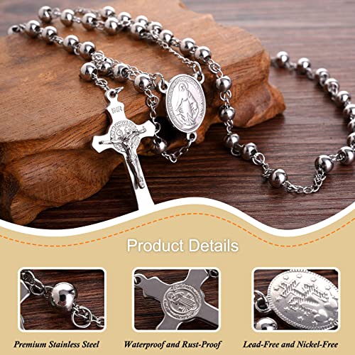 30" Stainless Steel Rosary Beads Necklace 6mm Silver Color with Jesus Christ Crucifix Cross3