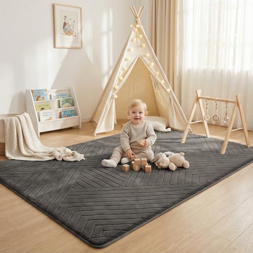 Image of Baby Play Mat for Floor 1.3 inch Thick Foam Padded Area Rug 79x 118(Dark Grey) | Ultra Soft Kids Rug for Living Room Bedroom, Non-Slip Nursery Crawling Mat for Toddlers