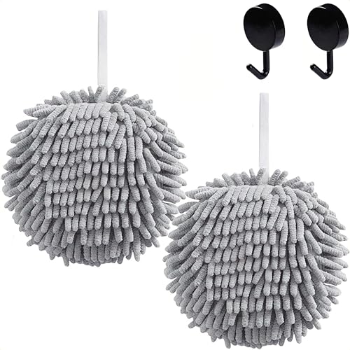 Frbryak 2 Pcs Fuzzy Ball Hand Towels Microfiber Hand Towels for Bathroom with Hanging Loop Soft Fast Drying Decorative Chenille Hand Bath Towels with 2 Hooks (2 Grey)