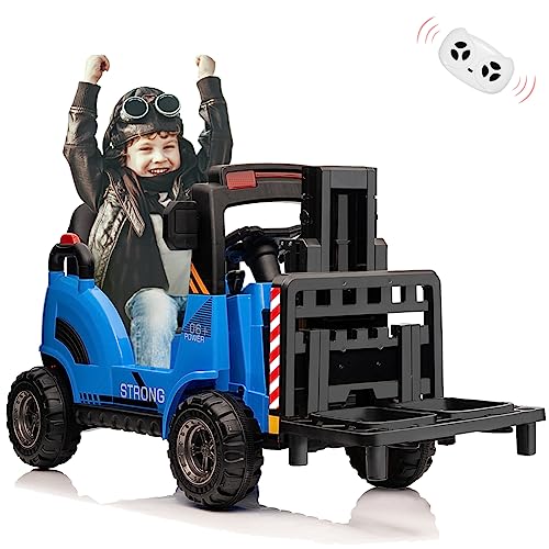 Garvee 12V Electric Ride on Forklift Car with Remote Control, Ride on Car with Liftable Fork and Pallet, High/Low Variable Speed, Music, USB, MP3, and Low-Power Alarm for Boys and Girls(No Tent,Blue)