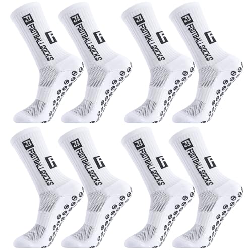 Utensilsto 4 Paare Fußball Socken Jungen 31-34 Fußballsocken Kinder Fussball Socken Anti Rutsch Grip Football Socks Rutschfeste Sportsocken Fußball Stutzen für Kinder Basketball Laufen Rugby (weiß)