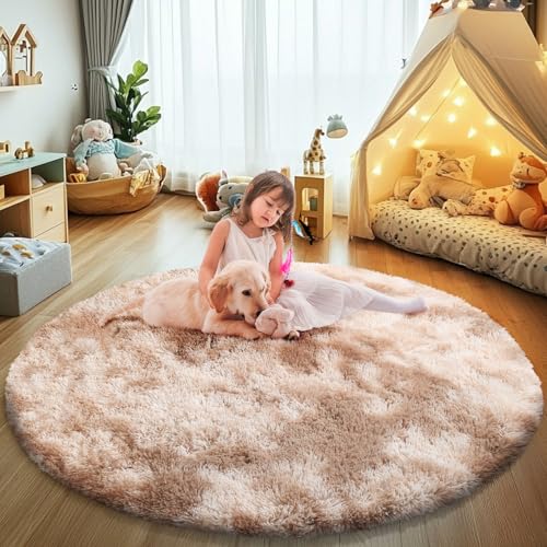 Fluffy Round Rug,Soft Area Rugs for Girls Room,Shaggy Rugs 5'X5' for Living Room,Non Slip Circle Rug for Kids Bedroom,Shag Plush Nursery Carpets,Fuzzy Rug for Dorm,Room Decor Carpet,Tie-Dyed Beige