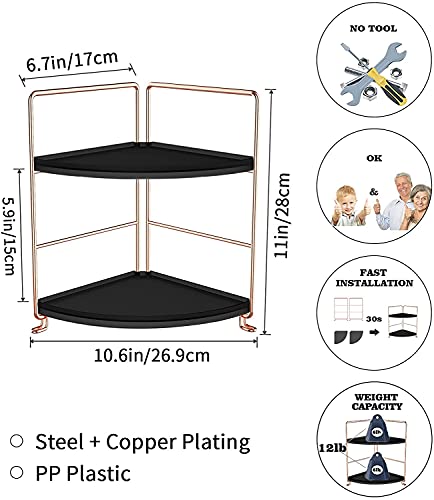 Kitchen Spice Rack Standing Shelf, 2-Tier Corner Storage Shelf, Bathroom Countertop Organizer, Vanity Tray Cosmetic & Makeup Storage,Rose Gold&Black #TOP1