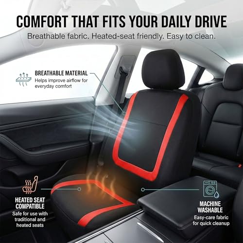 Image of FH Group Car Seat Covers Full Set Cloth - Universal Fit Automotive Seat Covers, Low Back Front Seat Covers, Solid Back Seat Cover, Washable Car Seat Cover for SUV, Sedan and Van Red