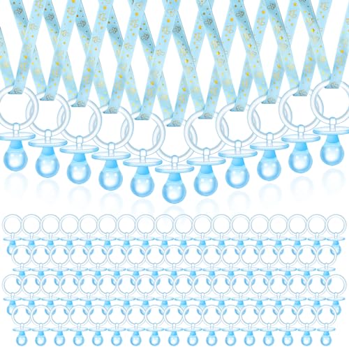 Angela&amp;Alex 100 Pcs Gender Reveal Party Necklace Charms, Blue Pacifier-Shaped Acrylic Shower Decorations for Adults