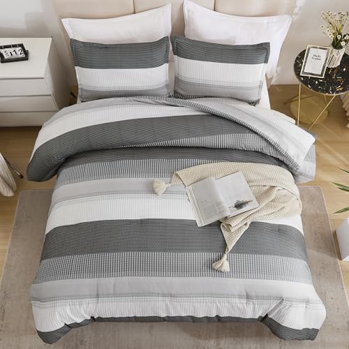 Litanika Dark Grey Comforter Set Super King Plus - 3 Pieces Lightweight Dark Grey Colorblock Stripe Fluffy Bedding Comforter Sets, All Season Bed Set