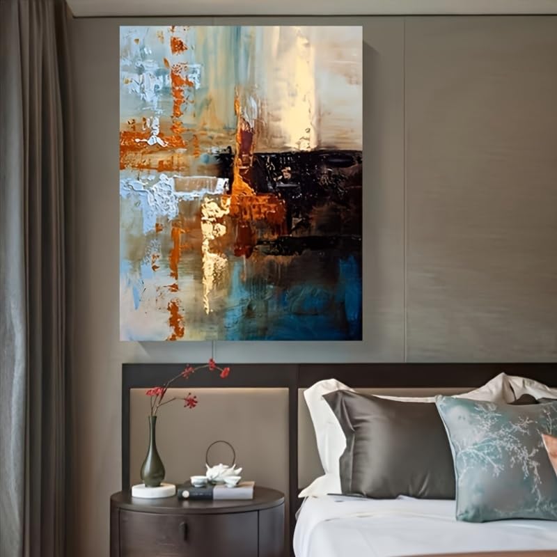 Tableau abstrait moderne marron-orange 70x120cm encadré sur toile