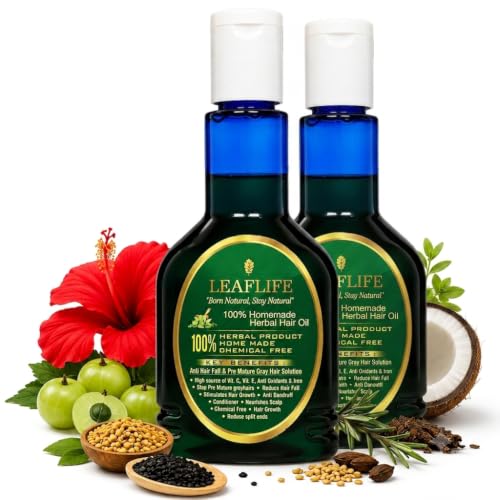 Image of Leaflife 100% Herbal Hair Oil | Homemade Natural Hair Oil for Hair Fall Control, Hair Growth & Premature Grey Hair Care | Non-Sticky, Chemical-Free | 125Mlleaflife 100% Herbal Homemade Hair Oil, PACK OF 2 PCS X 125 L EACH