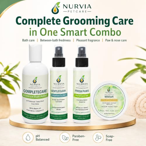 Image of Daily Dog Grooming Kit by Nurvia Petcare | 5-in-1 Shampoo + Waterless Dry Bath + Perfume Mist + Paw Balm | Neem Oatmeal Aloe Vera Goat Milk | Sulphate-Free pH Balanced | 4-in-1
