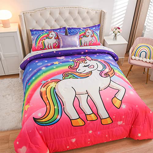 Aimuan Girls Unicorn Comforter Set 6 Pieces Pink Purple Bedding Set With Rainbow Star Galaxy Stars Fantasy Children Room Decor Soft Reversible Bed Sets For Boys/Girls/Teens (Pink-Purple Twin6Pcs) #TOP3