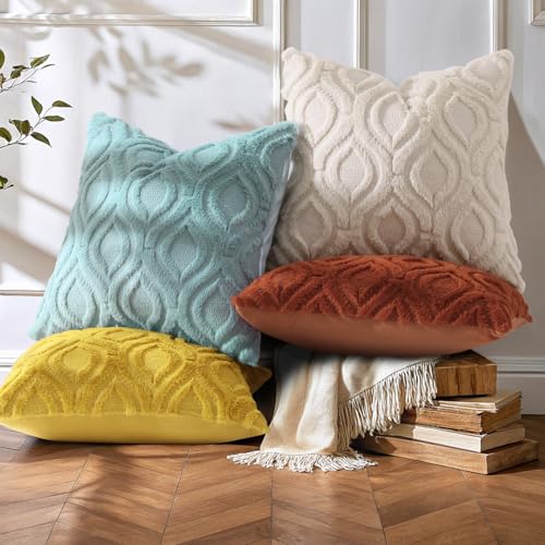decorUhome Fall Throw Pillow Covers 22x22 Inch Set of 2, Soft Plush Decorative Faux Fur Beige Solid Couch Pillow Covers, Accent Farmhouse Neutral Square Euro Pillow Cases for Sofa Bed Living Room