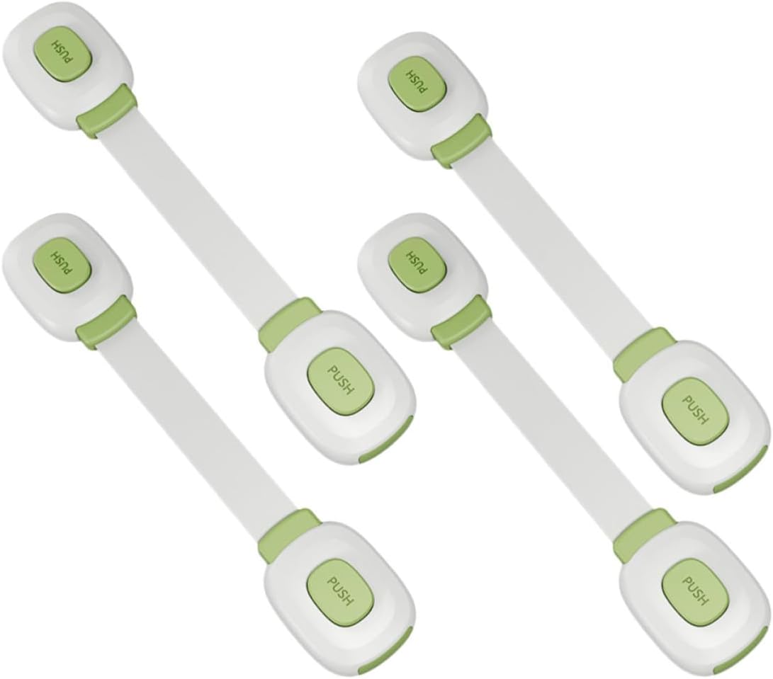 4pcs Safety Cabinet Straps Locks for Appliances and Drawers, Green Adhesive Locks with One Hand Operation, No Tools Needed, Childproof Protector for Safety