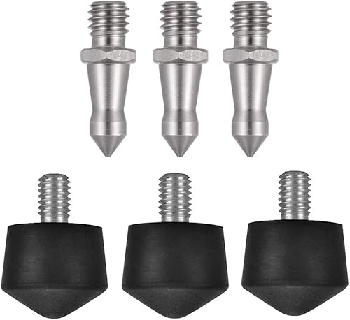 Foto&Tech 3 puntas de goma roscadas de 3/8 pulgadas + 3 púas de pie de acero inoxidable de 3/8 pulgadas compatibles con Andoer Benro Gitzo Induro