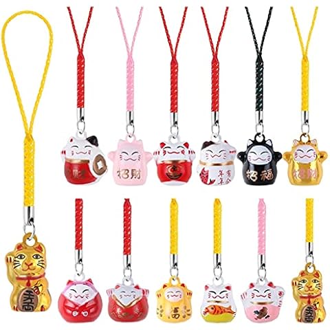 LinaLife 12 Pieces Lucky Cat Beckoning Cat Keychains Keyrings Pendant Japanese Maneki Neko Fortune Pendants Wealth Health Fortune Rich Evil Avoiding Symbol Mascot Pendants Cover