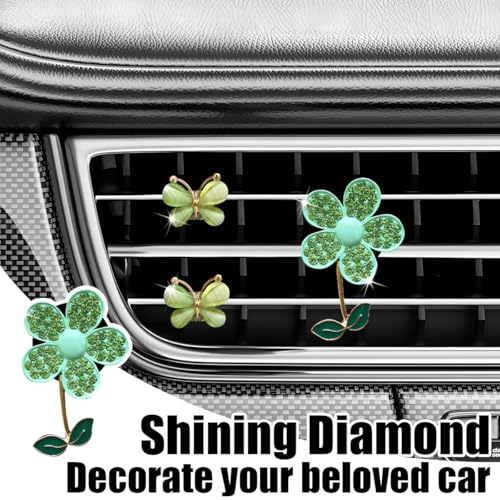 Image of 3PCS Bling Car Air Vent Clips, Butterfly Flower Rhinestone Vehicle Conditioning Outlet Clamps, Diamond Vent Clip Charm Decoration for Women Girls, Universal Automotive Accessories (Green)