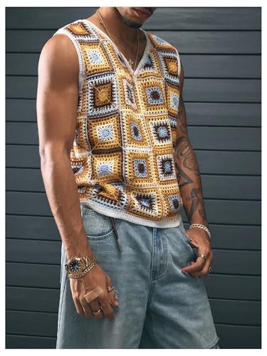 Verdusa Men's Boho Floral Crochet Sweater Vest Summer Streetwear Going Out Knit Tops3